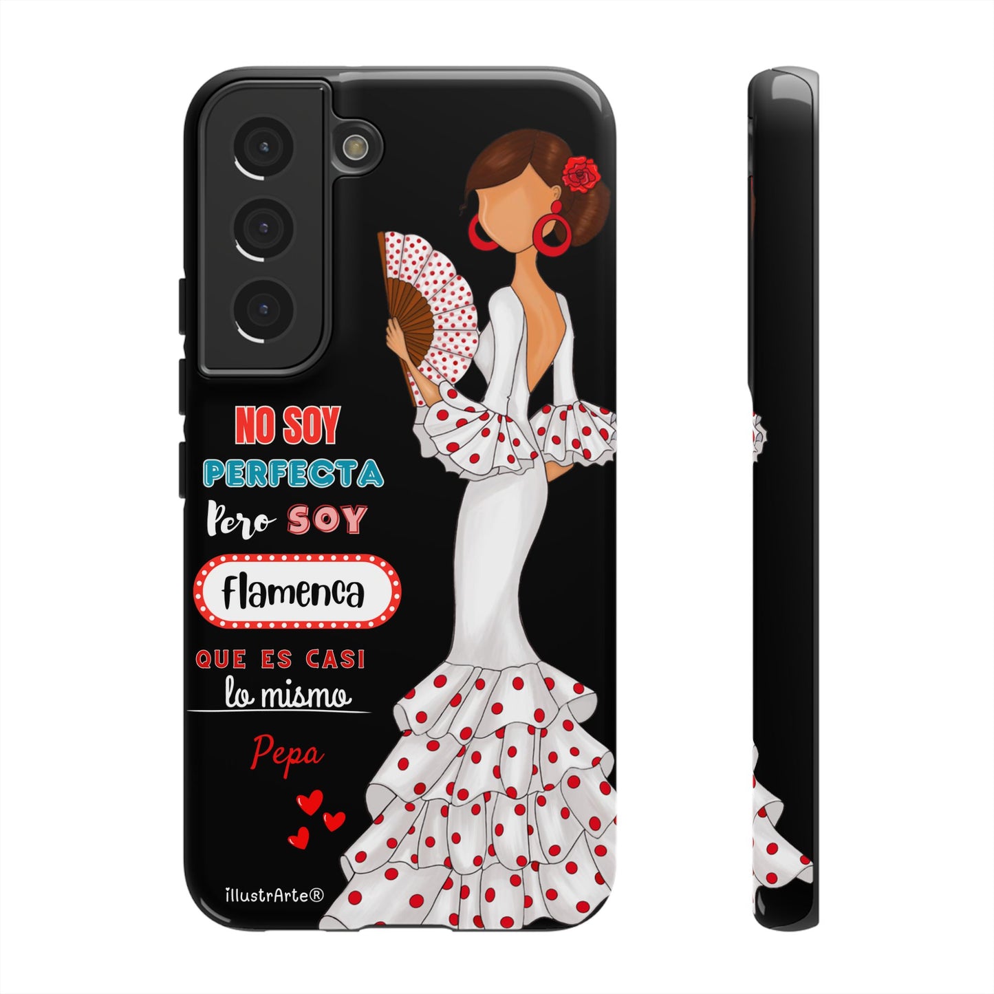 Funda de teléfono personalizable Pepa vestido blanco con frase – para iPhone, Samsung, Pixel