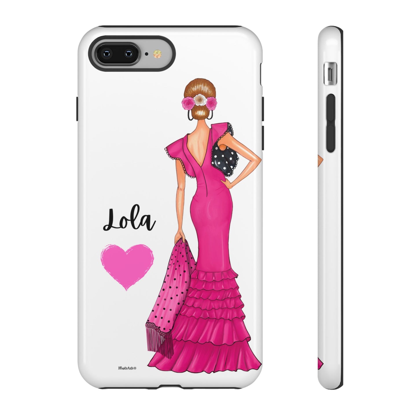 una funda para teléfono con una mujer en un vestido rosa