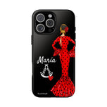 Personalised phone case flamenco dancer María, red dress, with a little Virgin Mary for iPhone 16 Pro Max, gloss finish – illustrArte