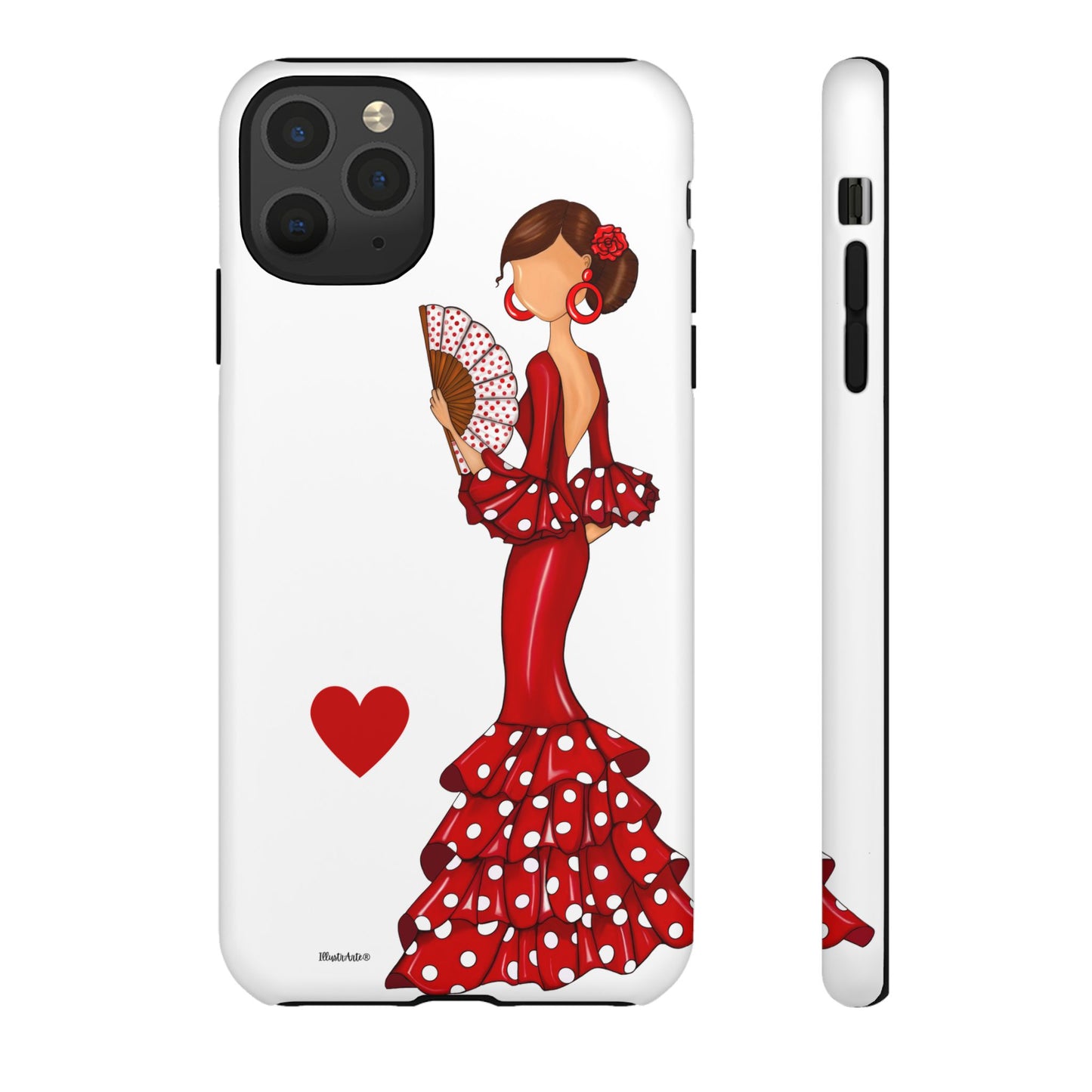 una funda de teléfono con una mujer en un vestido rojo sosteniendo un abanico