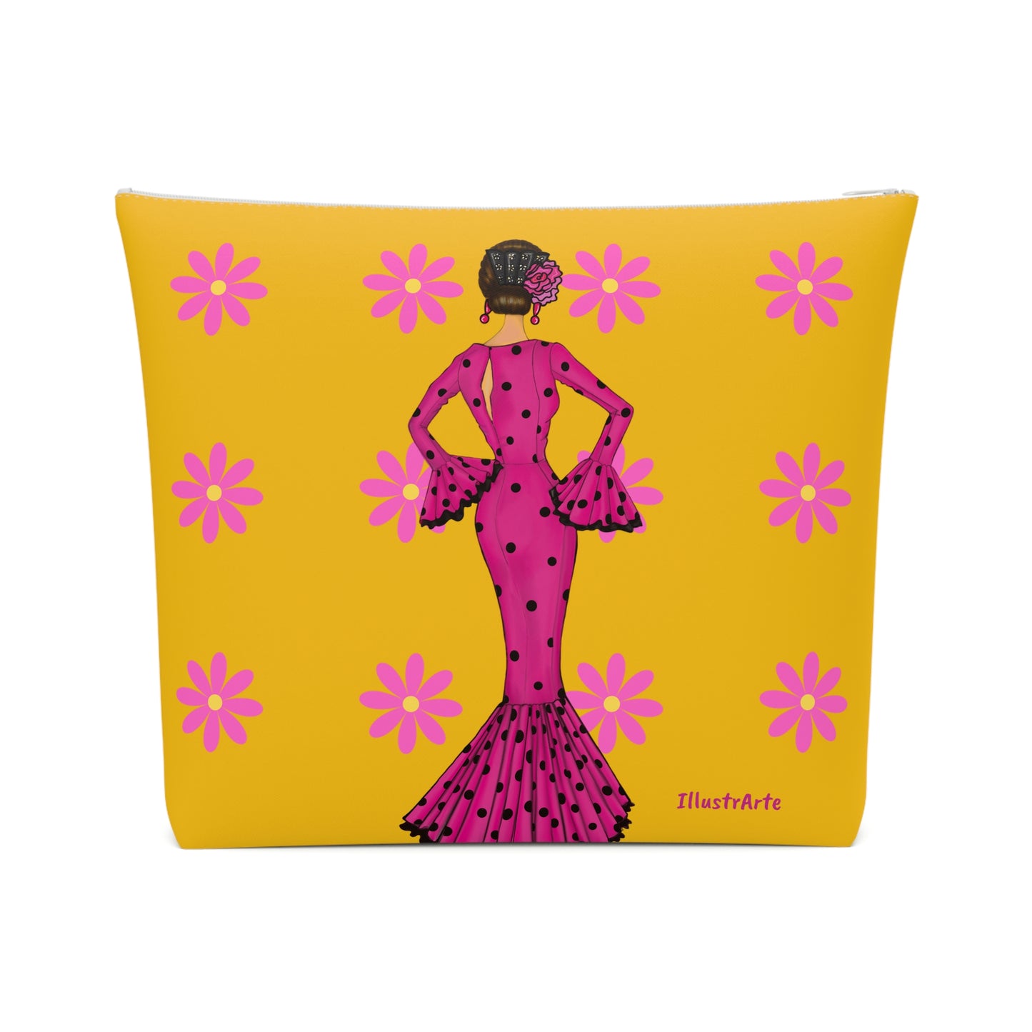 a yellow and pink pillow with a picture of a woman in a pink dress