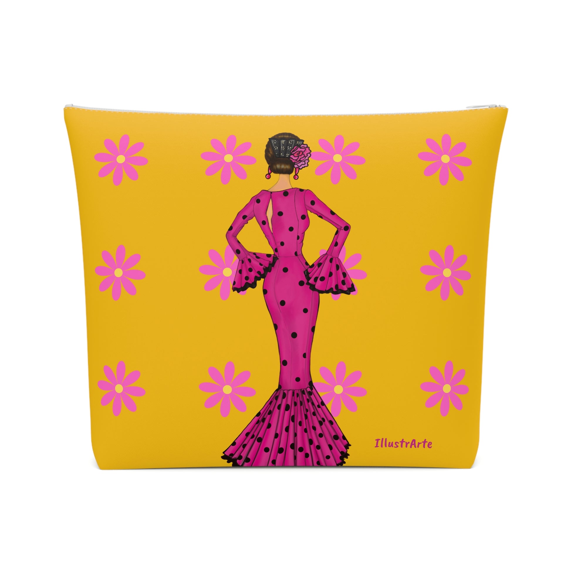 a yellow and pink pillow with a picture of a woman in a pink dress