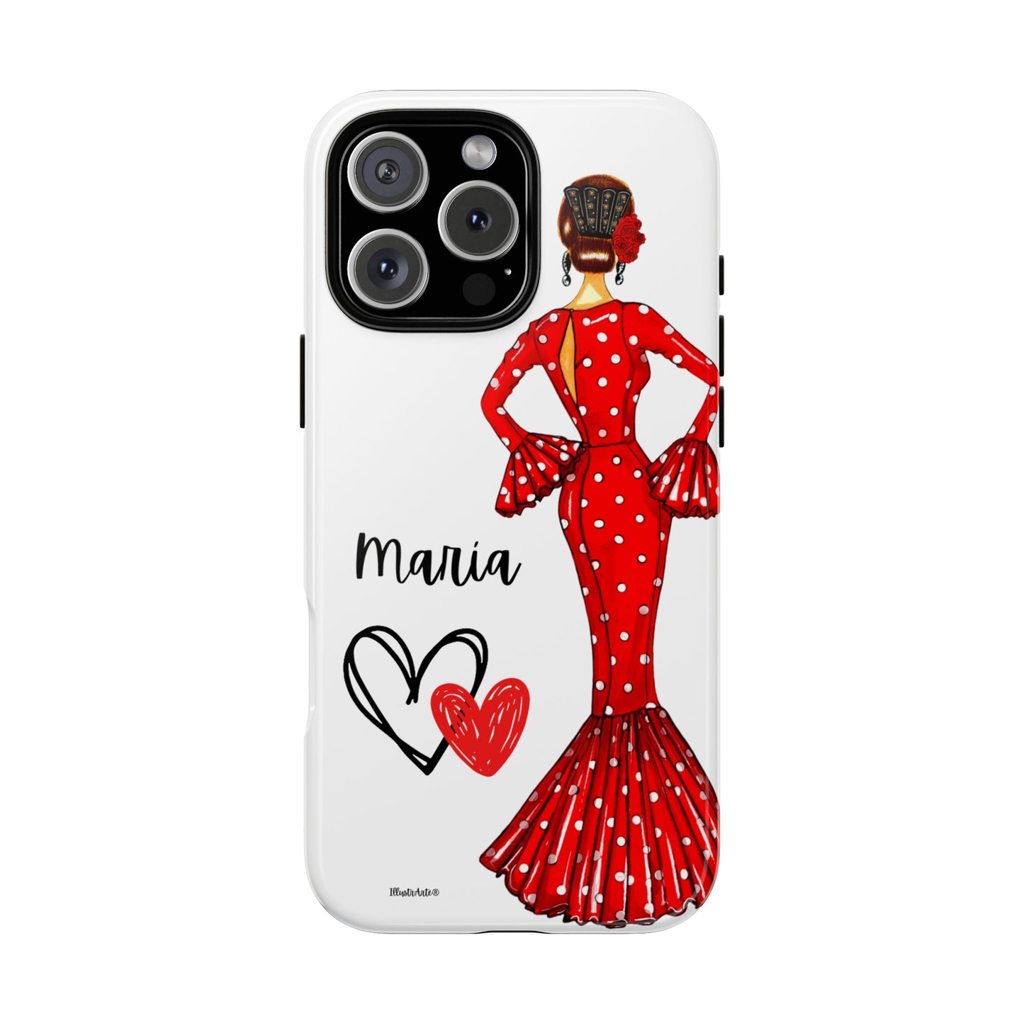 una funda de teléfono con una mujer en un vestido rojo