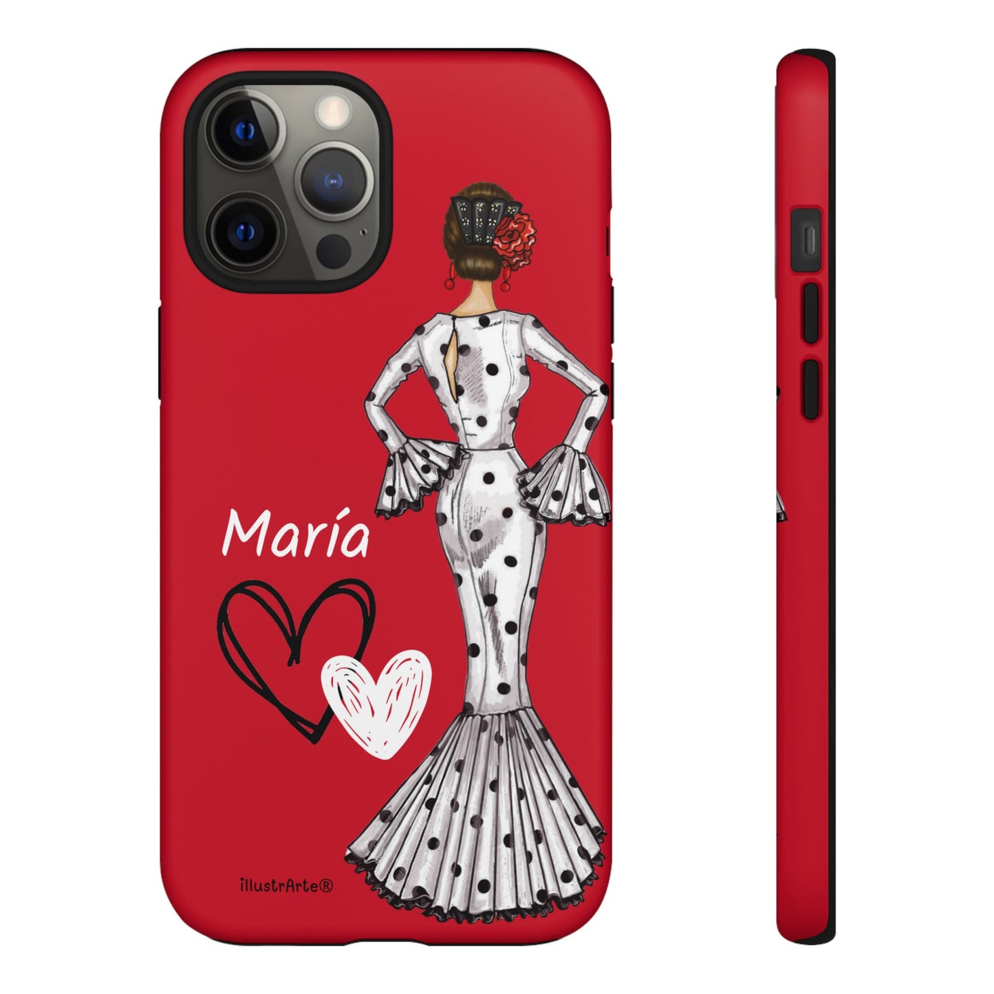 Personalized Maria phone case, white with red hearts background – for iPhone, Samsung, Pixel