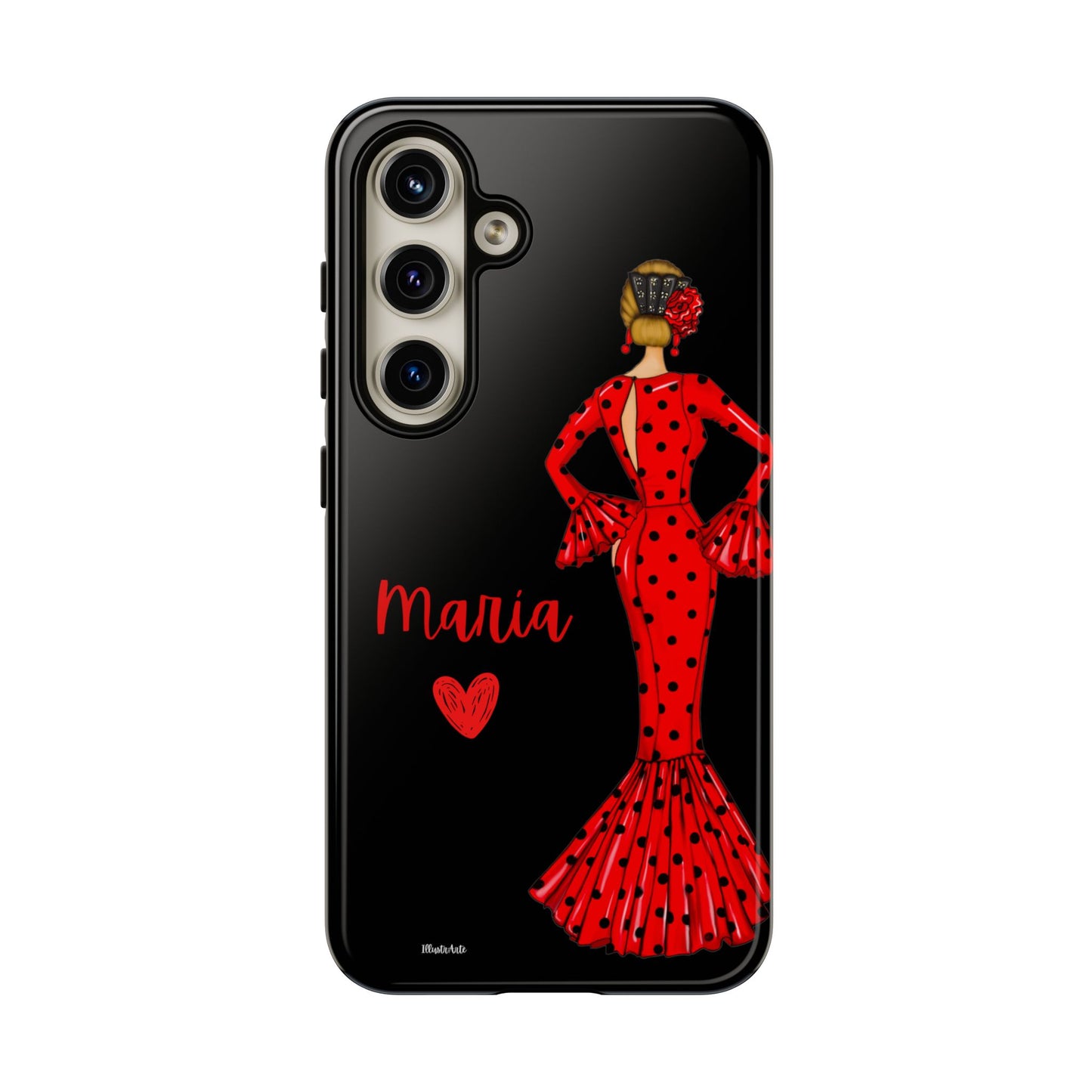 una funda negra y roja con una mujer en un vestido rojo