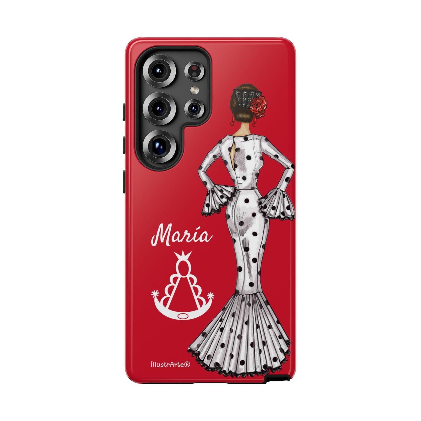Capa de telefone personalizável com nome/bandeira/Virgem - modelo White Mary com Virgen del Rocío para iPhone, Samsung e Google Pixel