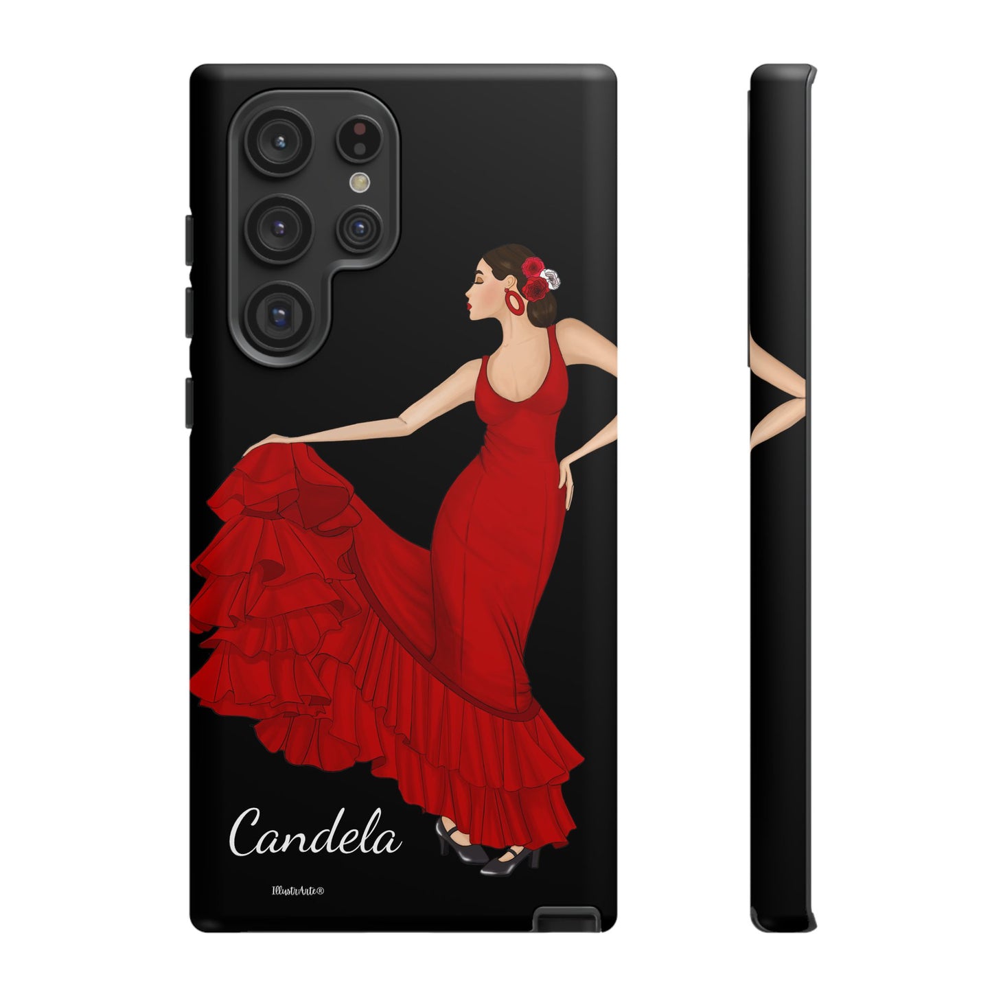 una funda de teléfono con una imagen de una mujer en un vestido rojo