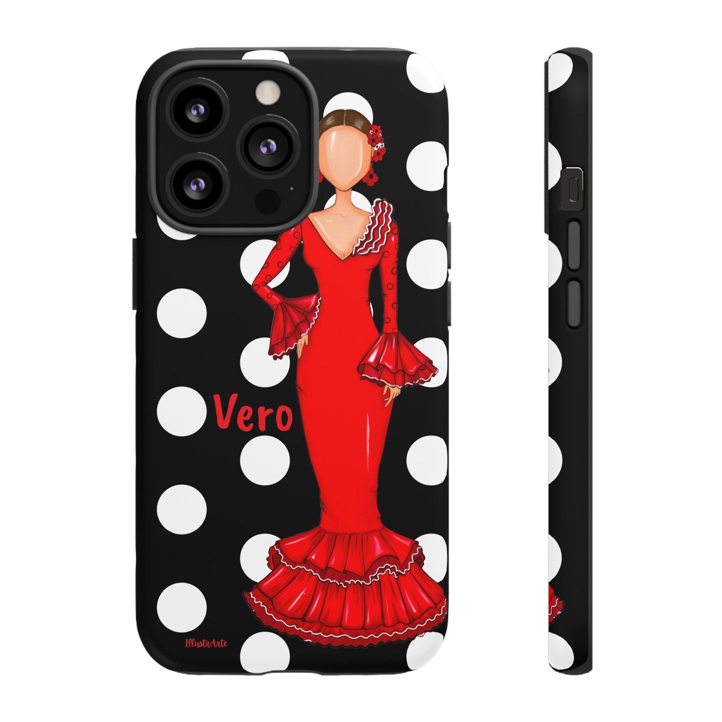 una funda de celular con una mujer en un vestido rojo