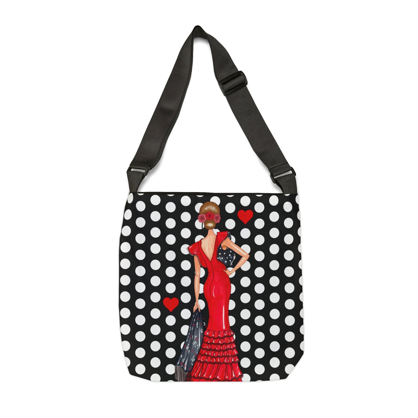 a black and white polka dot bag with a woman in a red dress