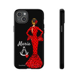 Personalised phone case flamenco dancer María, red dress, with a little Virgin Mary for iPhone 15 Plus, gloss finish – illustrArte