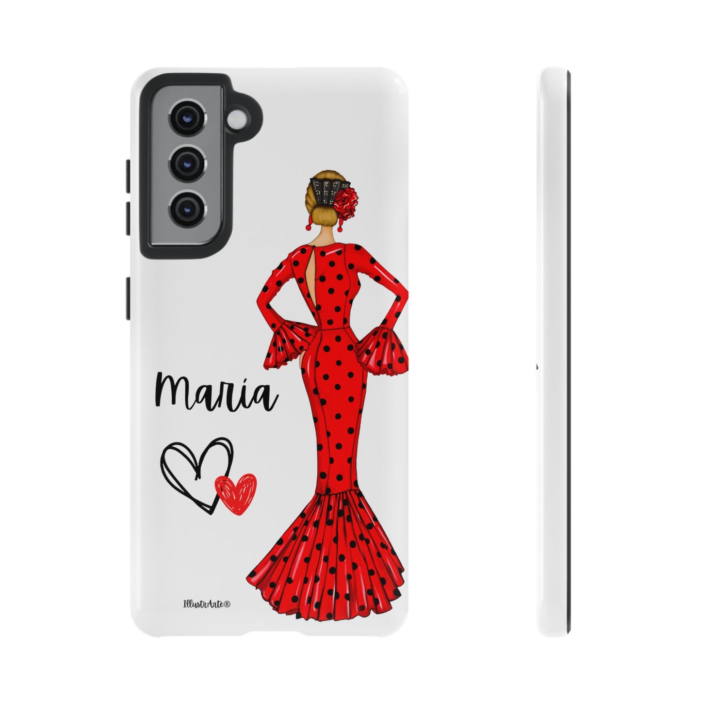 una funda de teléfono con una mujer en un vestido rojo