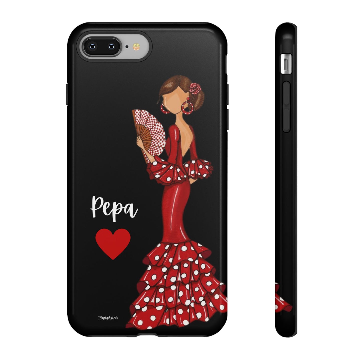 una funda de teléfono con una mujer en un vestido rojo