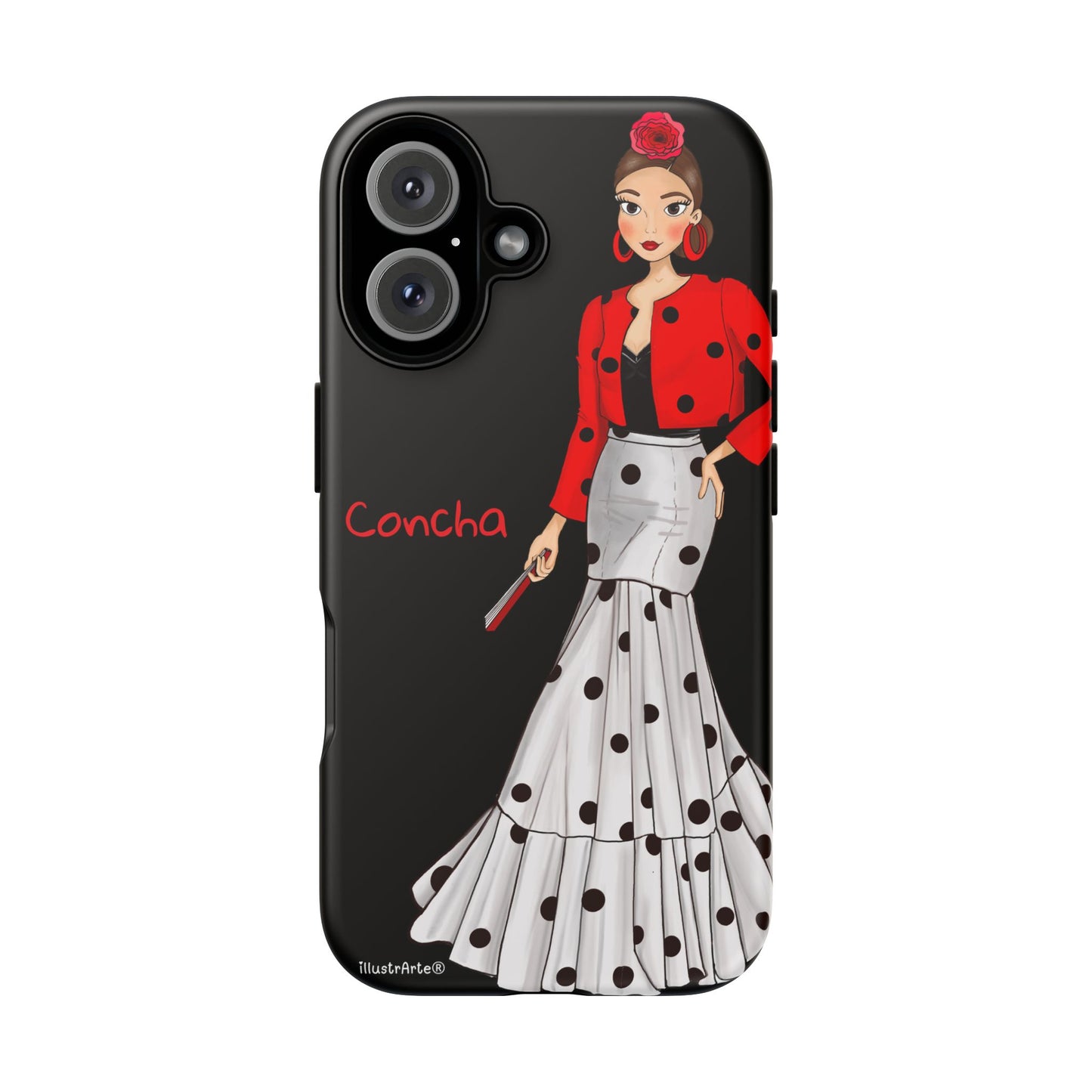 Imagen de la funda de teléfono modelo Conchita en negro resaltando la personalización.