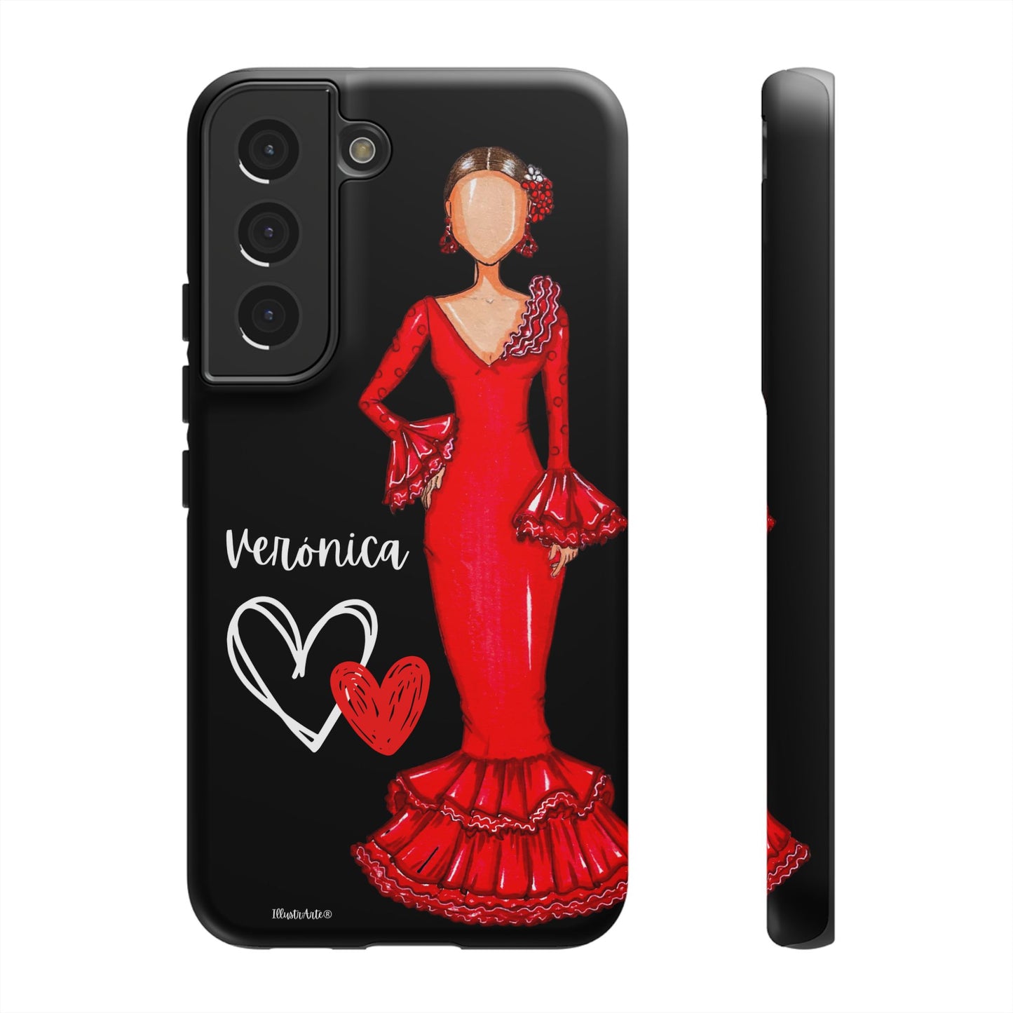 una funda de teléfono con una imagen de una mujer con un vestido rojo