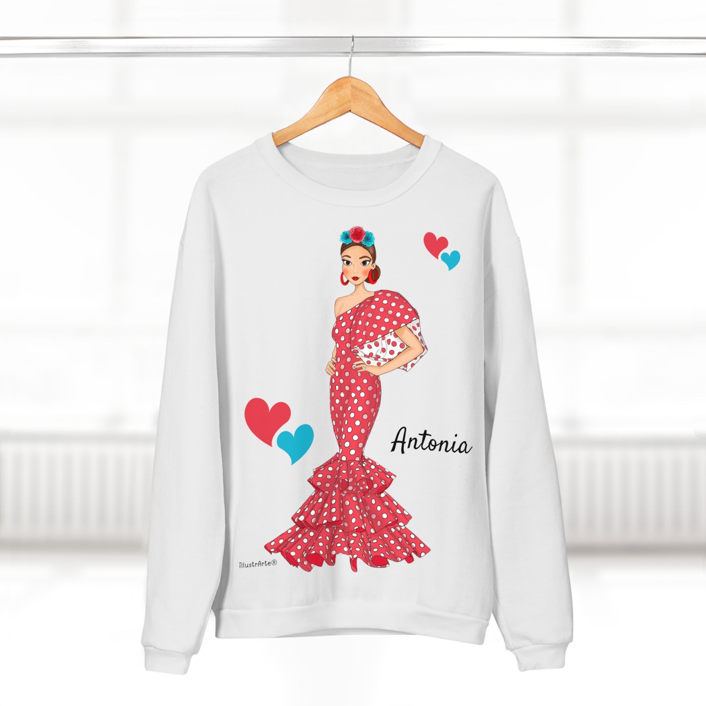 Sudadera Personalizable  - Flamenca Antonia, fondo blanco - Arte, color y comodidad en una sola prenda
