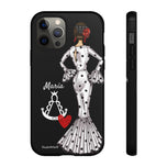 Personalised phone case flamenco dancer María Blanco, with the Virgen del Rocío for iPhone 12 Pro, gloss finish – illustrArte
