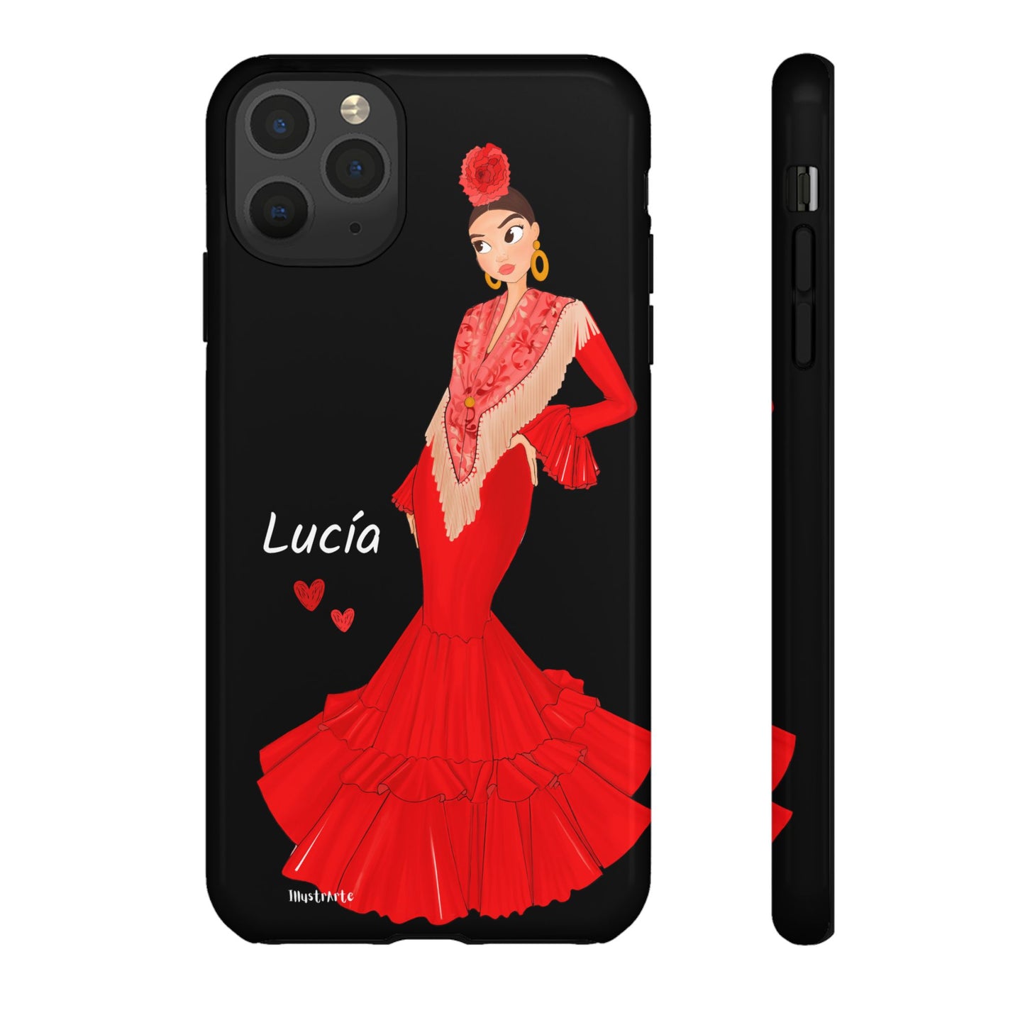 una funda de teléfono con una imagen de una mujer en un vestido rojo