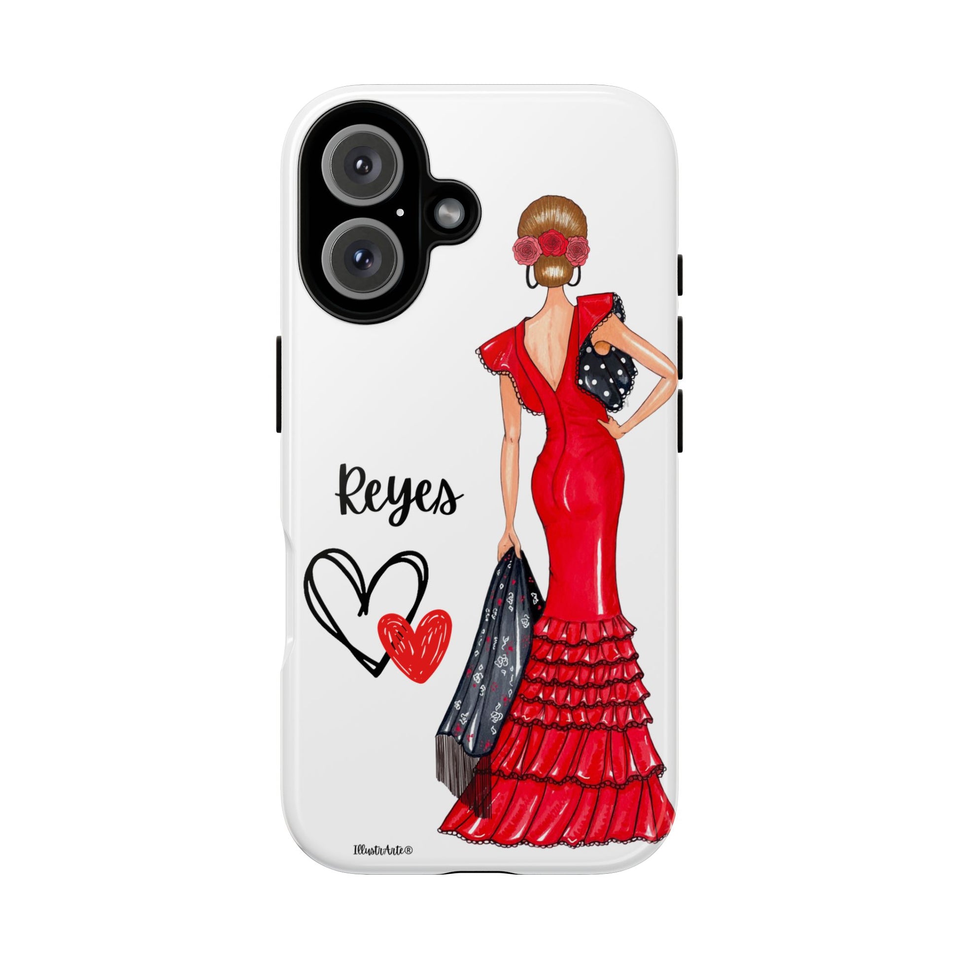 una funda de teléfono con una mujer en un vestido rojo