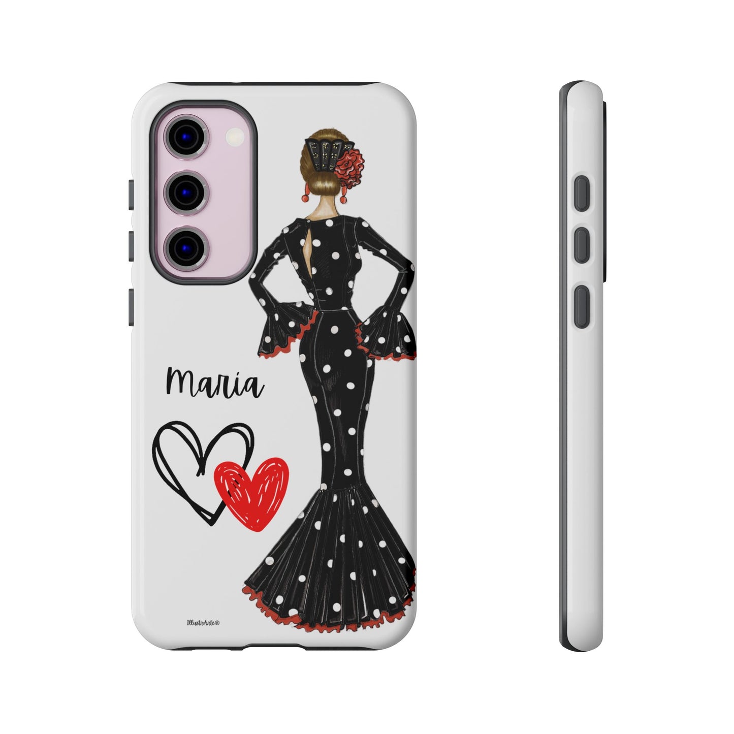 una funda para teléfono con una mujer en un vestido