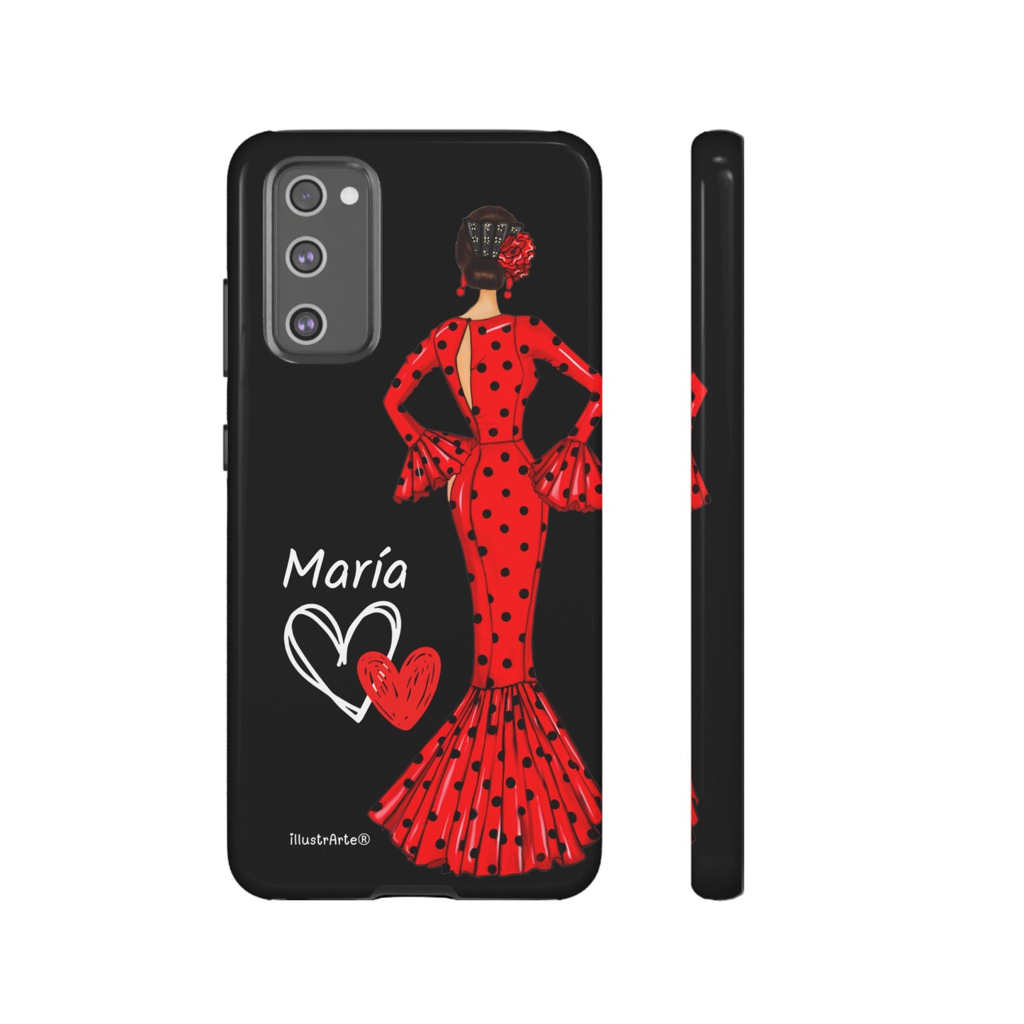 Capa de celular personalizável com nome/bandeira/Virgem - modelo Red Maria com cabelo escuro, fundo preto, para iPhone, Samsung e Google Pixel
