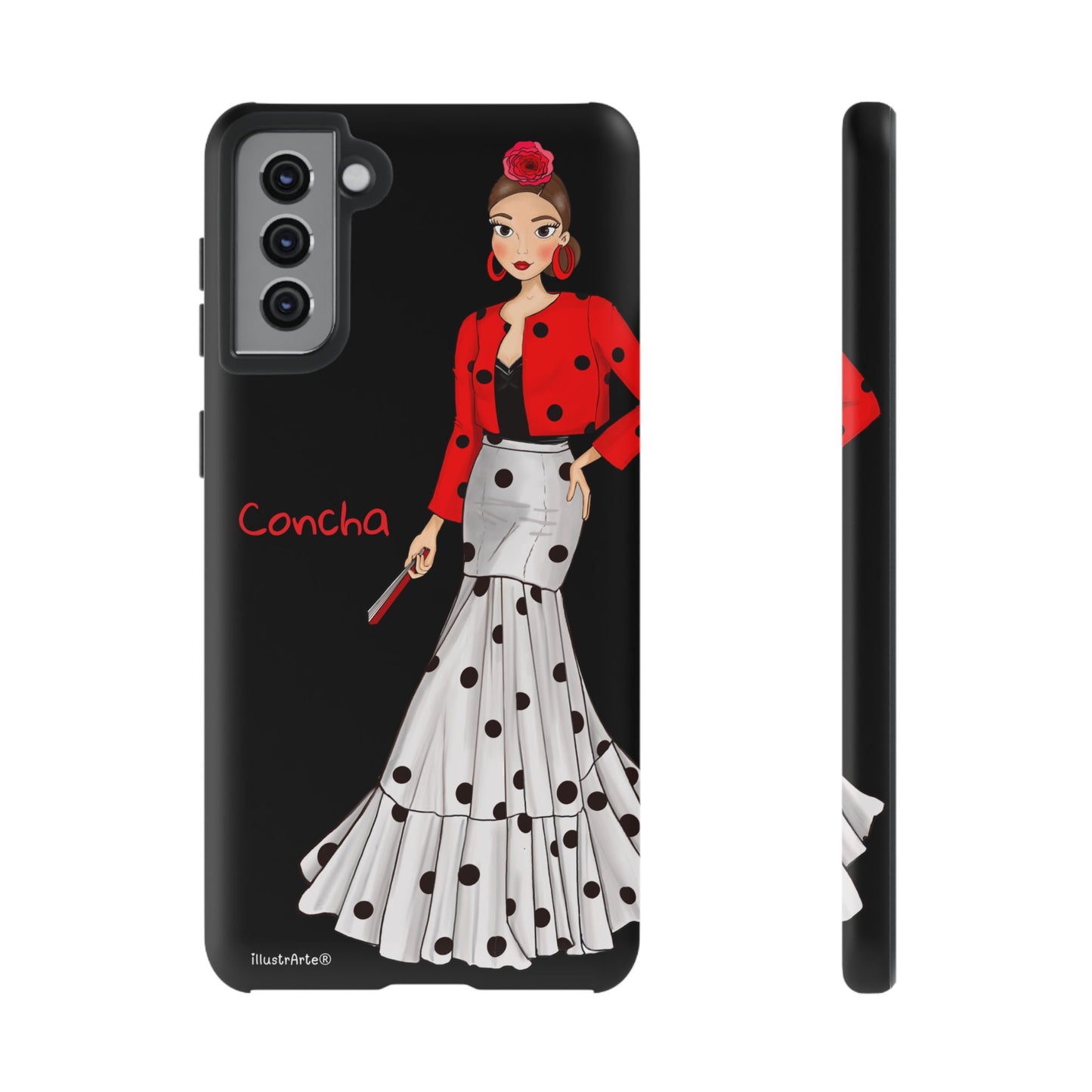 Funda de teléfono modelo Conchita en fondo negro, mostrando su estilo moderno.