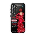 Personalised phone case flamenco dancer Macarena, with quote for Samsung Galaxy S25, gloss finish – illustrArte