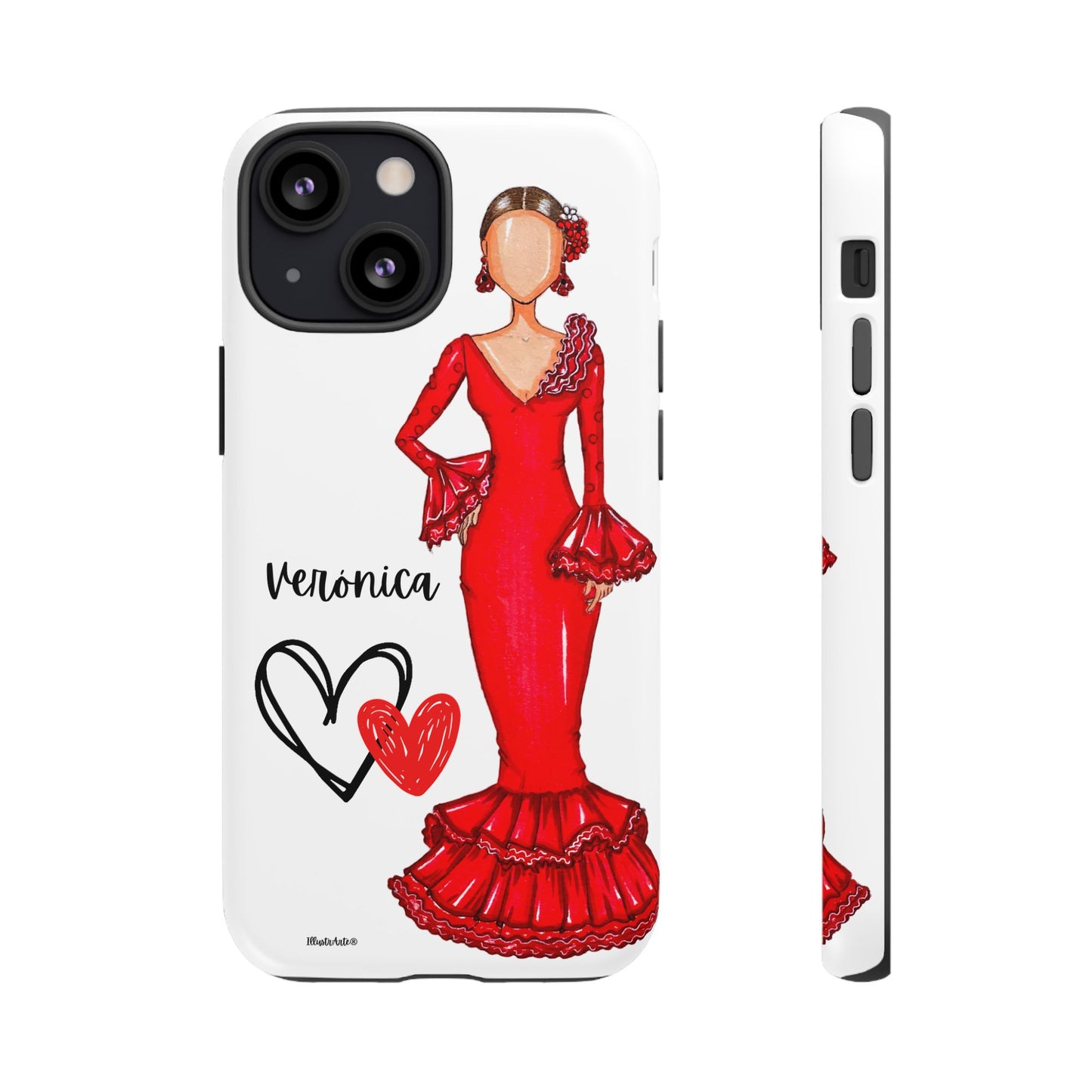 una funda de teléfono con un dibujo de una mujer en un vestido rojo