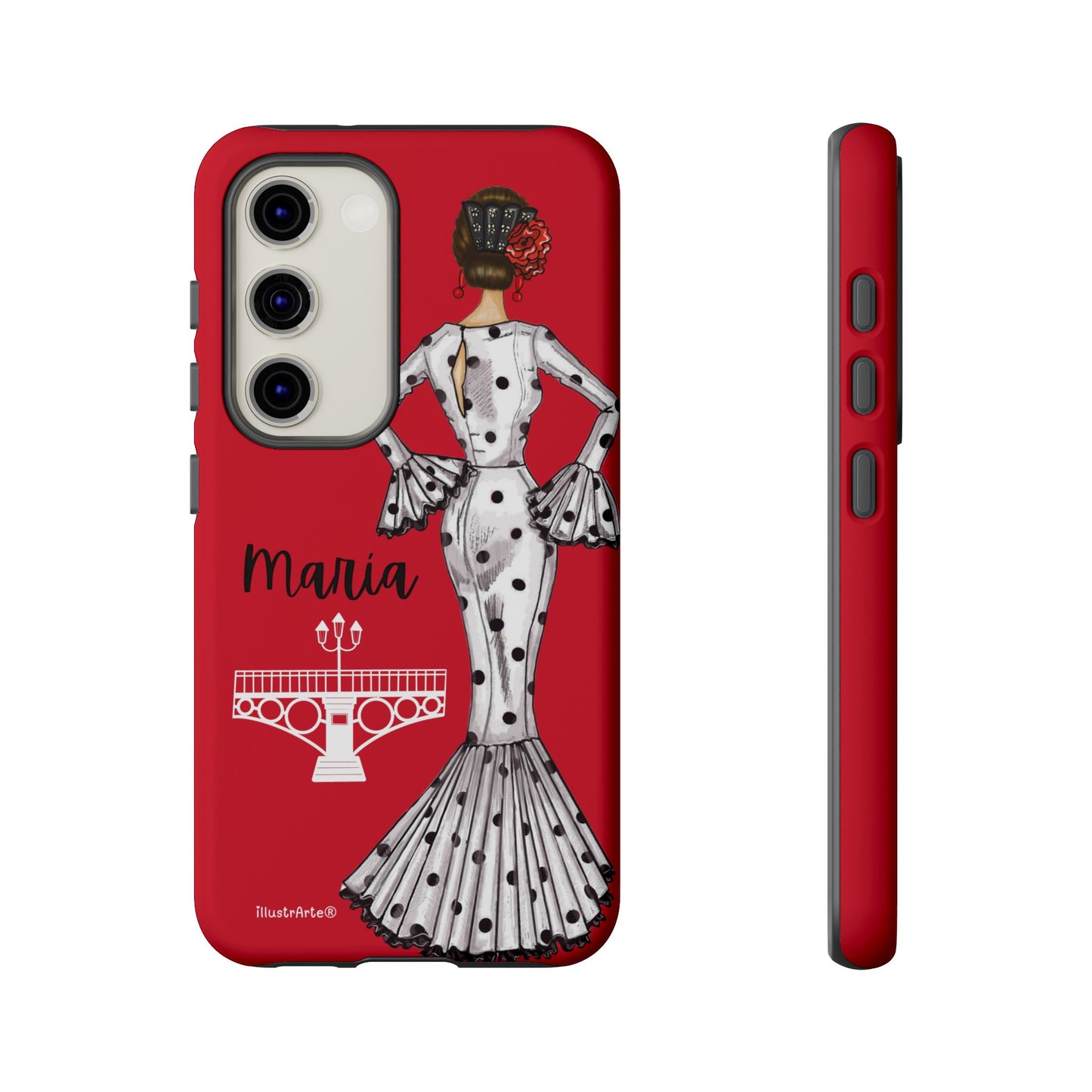 Fondo claro que muestra la funda de teléfono personalizable con el diseño de flamenca María, ideal para iPhone.