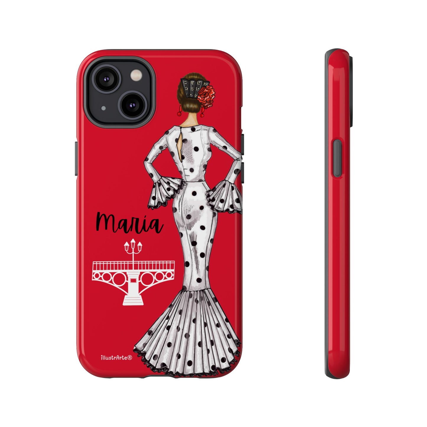 Vista lateral de la funda de teléfono personalizable con nombre y diseño de flamenca María, ideal para iPhone y Samsung.