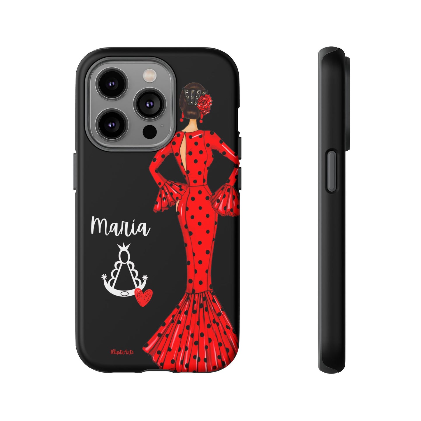 una funda de teléfono con una mujer en un vestido rojo