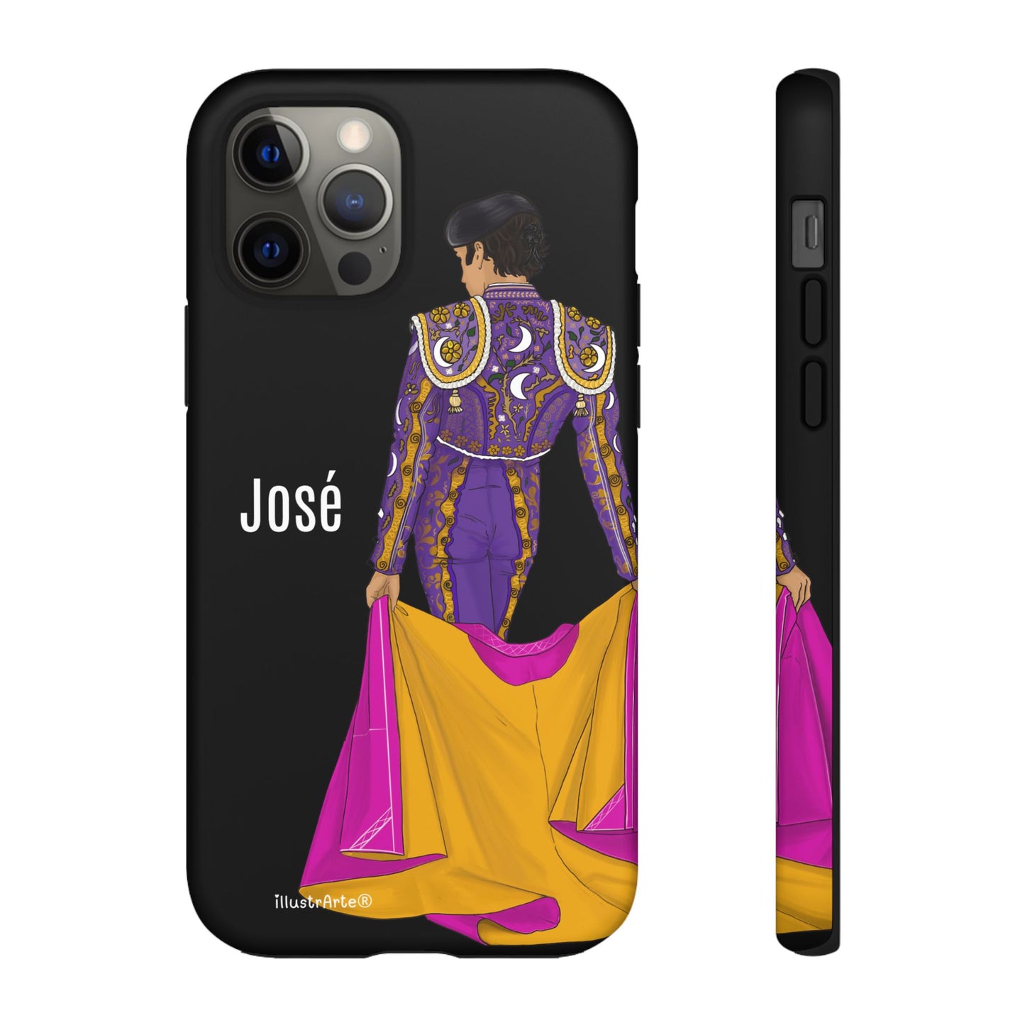 Personalized phone case featuring bullfighter José on a green background – for iPhone, Samsung, Pixel
