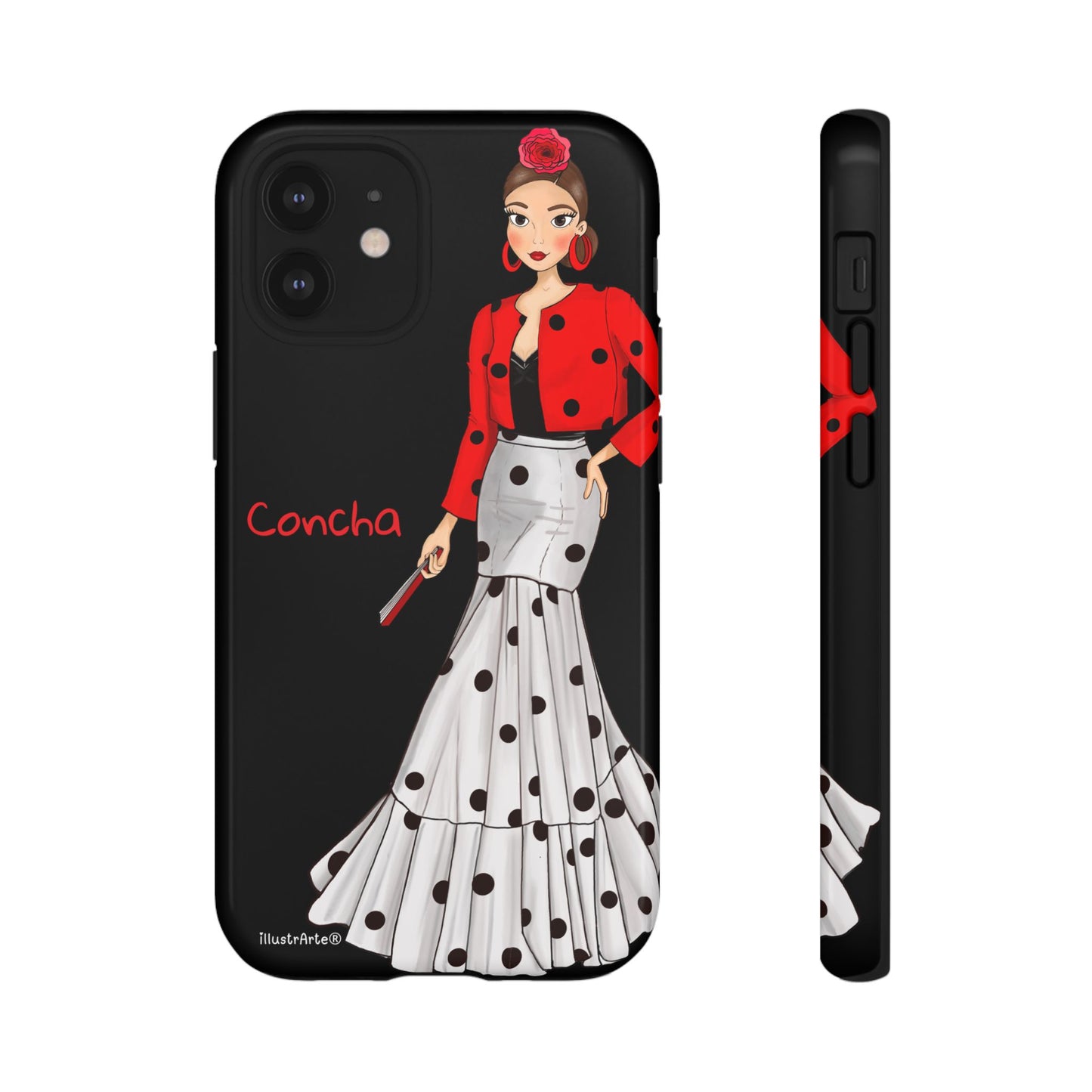 Muestra de personalización de la funda con nombre - Modelo Conchita fondo negro.
