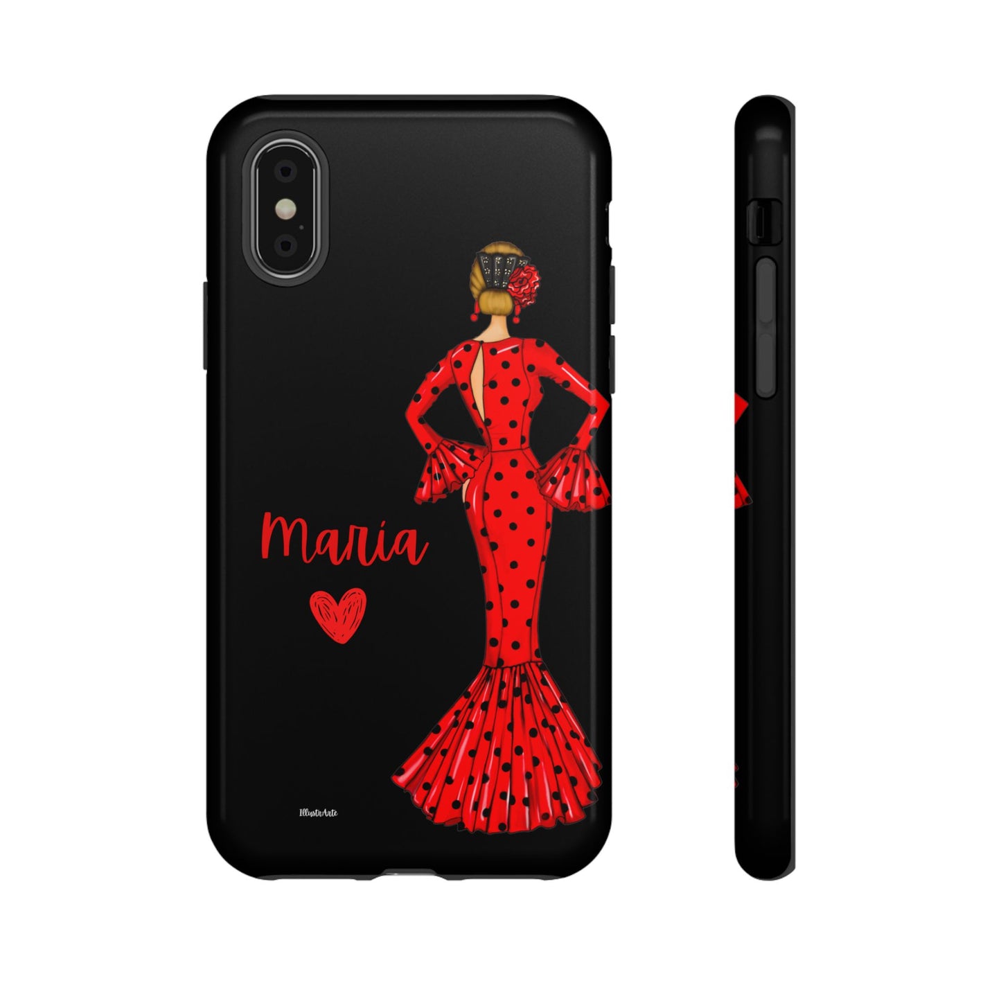 una funda de teléfono con una mujer en un vestido rojo