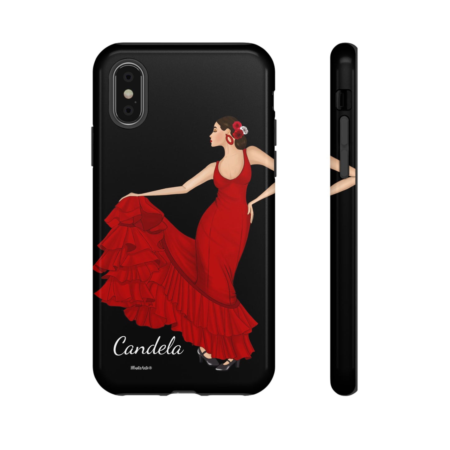 una funda de teléfono con una imagen de una mujer en un vestido rojo