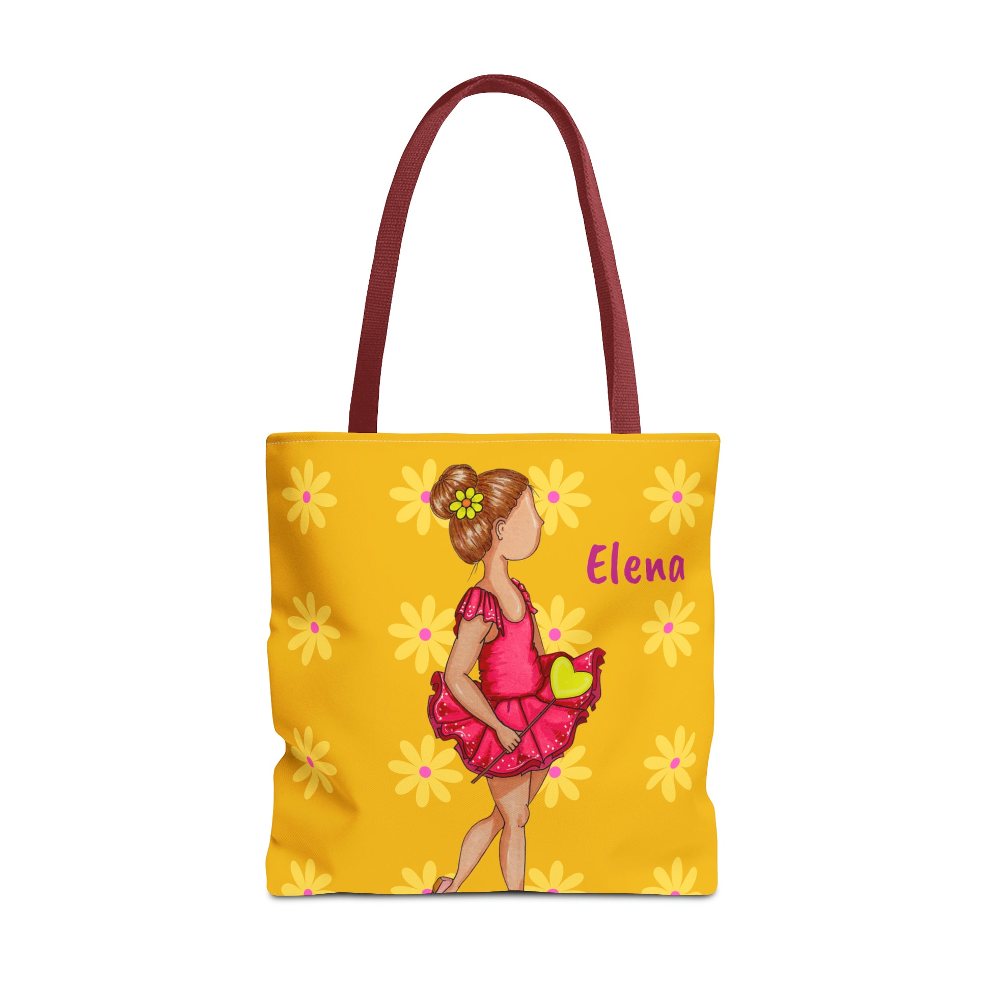 a yellow tote bag with a picture of a little girl in a pink dress