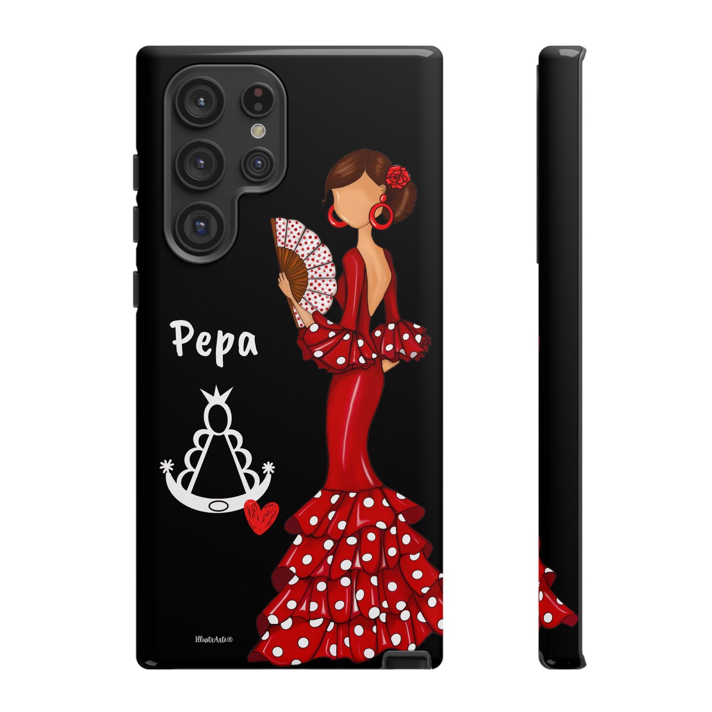 Personalized Pepa phone case on a black background with the Virgin Mary – for iPhone, Samsung, Pixel