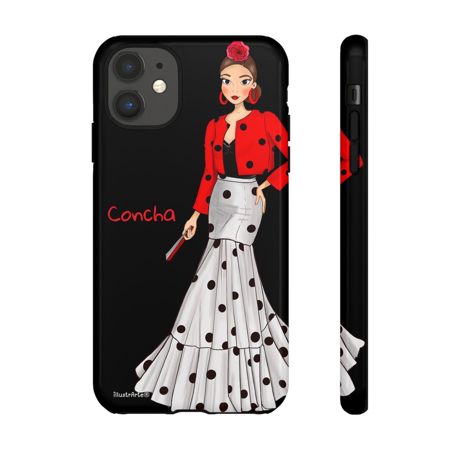 Funda de teléfono personalizable con nombre/bandera/Virgen - Modelo Conchita fondo negro para iPhone, Samsung y Google Pixel.