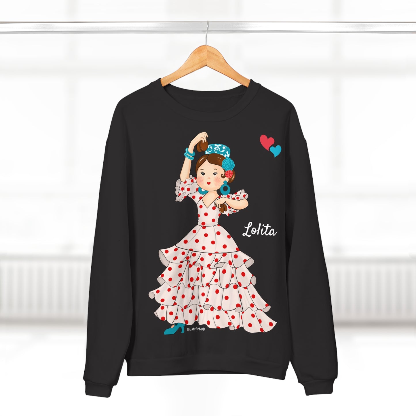 Sudadera Personalizable  - Flamenca Lolita, fondo negro - Arte, color y comodidad en una sola prenda
