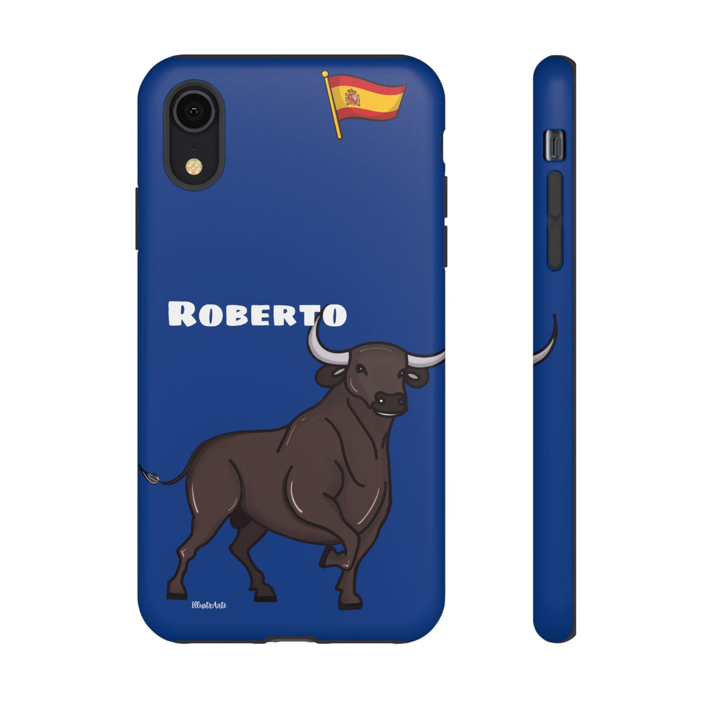 Primer plano de la funda de teléfono personalizable con diseño de matador - Modelo Toro Roberto para iPhone, con detalle de acabado.