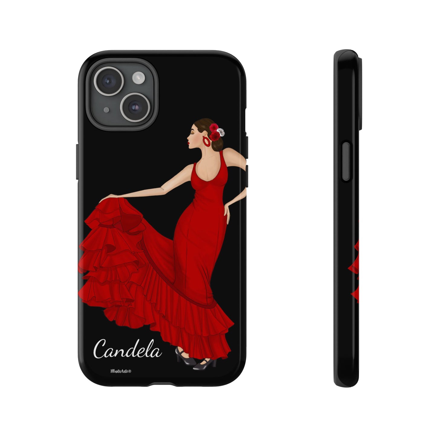 una funda de teléfono con una imagen de una mujer en un vestido rojo