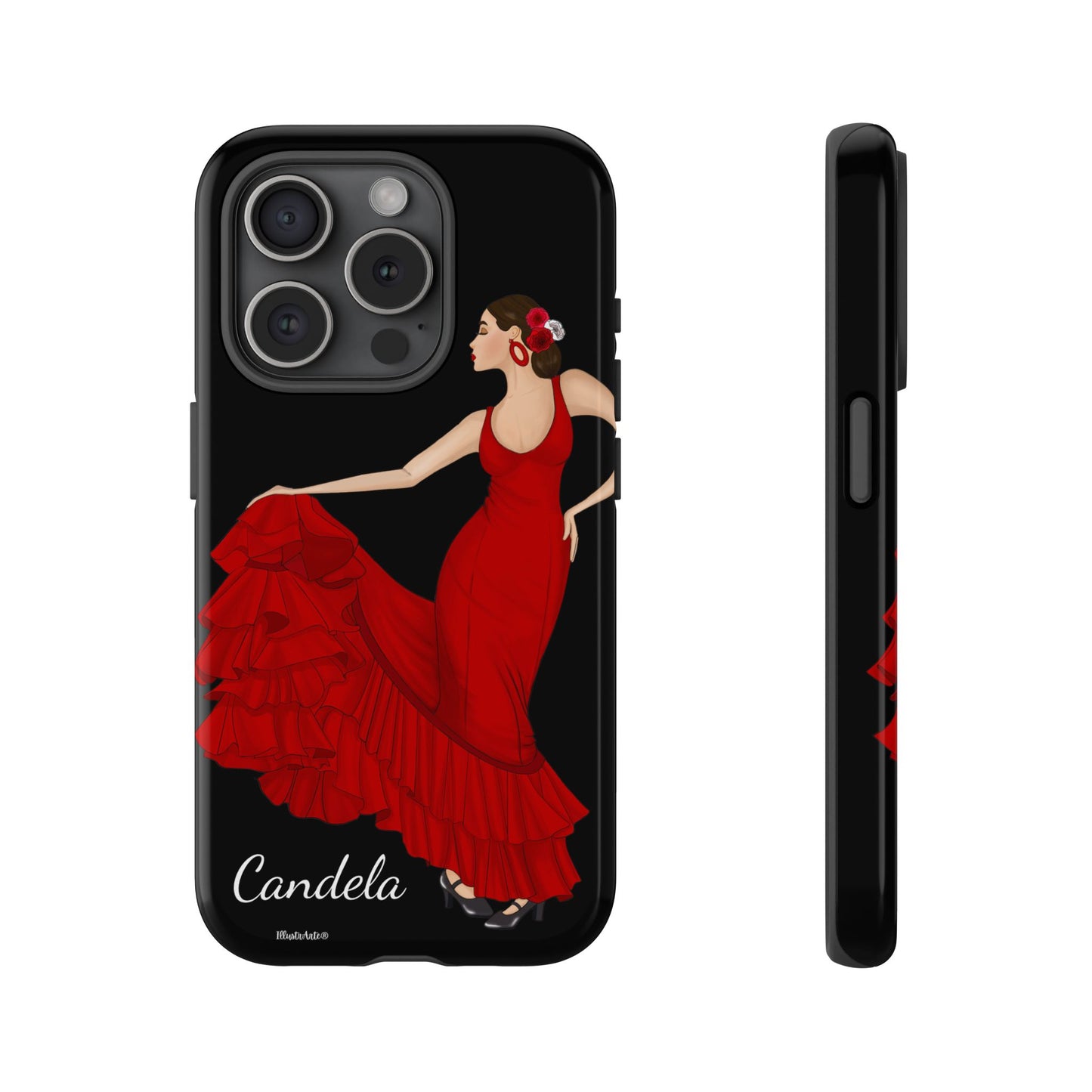 una funda de teléfono con una imagen de una mujer en un vestido rojo