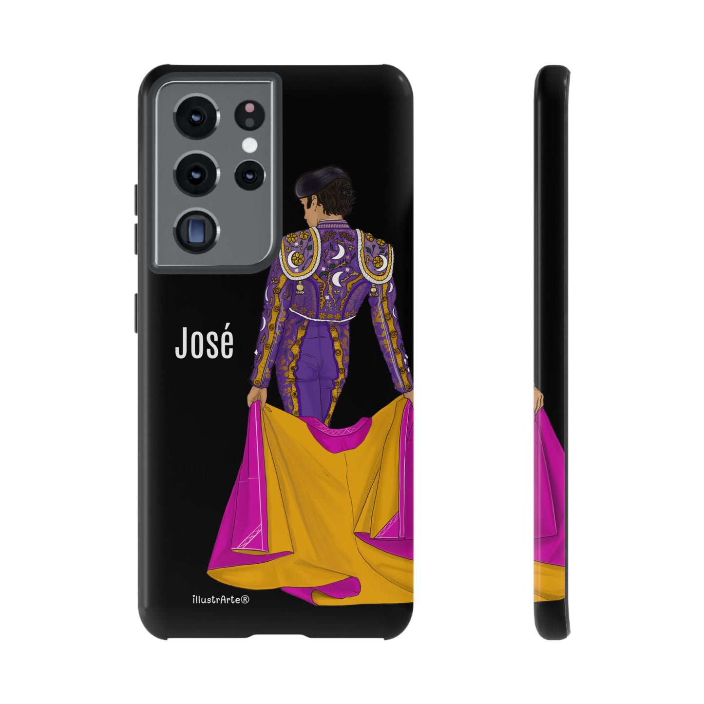 Personalized phone case featuring bullfighter José on a green background – for iPhone, Samsung, Pixel