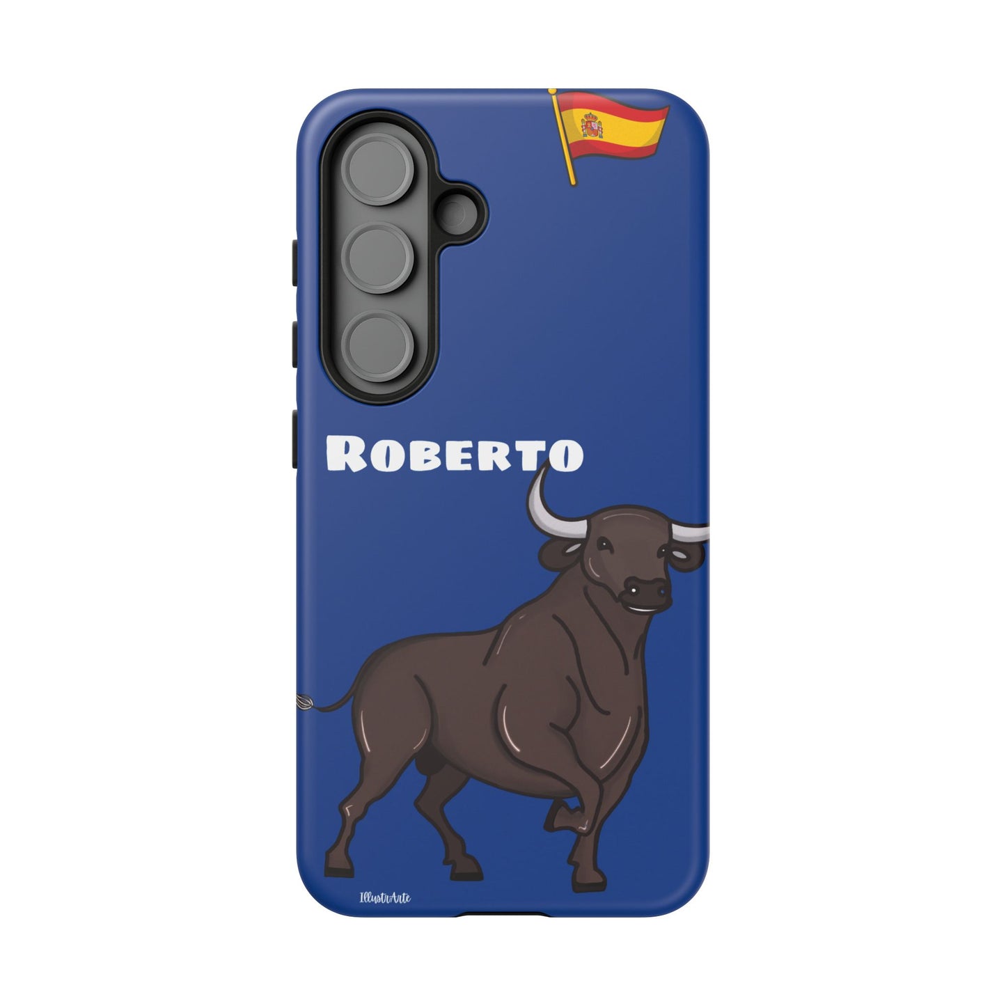 Funda de teléfono personalizable con nombre/bandera/Virgen - Modelo Toro Roberto, mostrando su atractivo diseño.