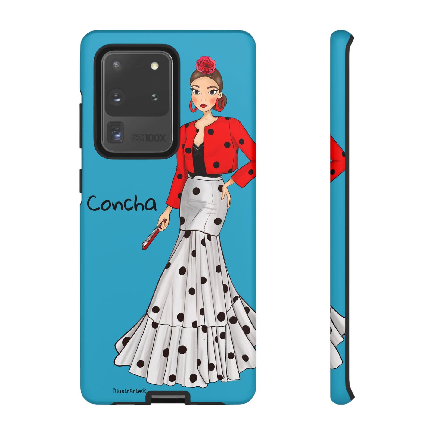 Destacado de la funda de teléfono Modelo Conchita fondo azul, mostrando su diseño único y personalizado.