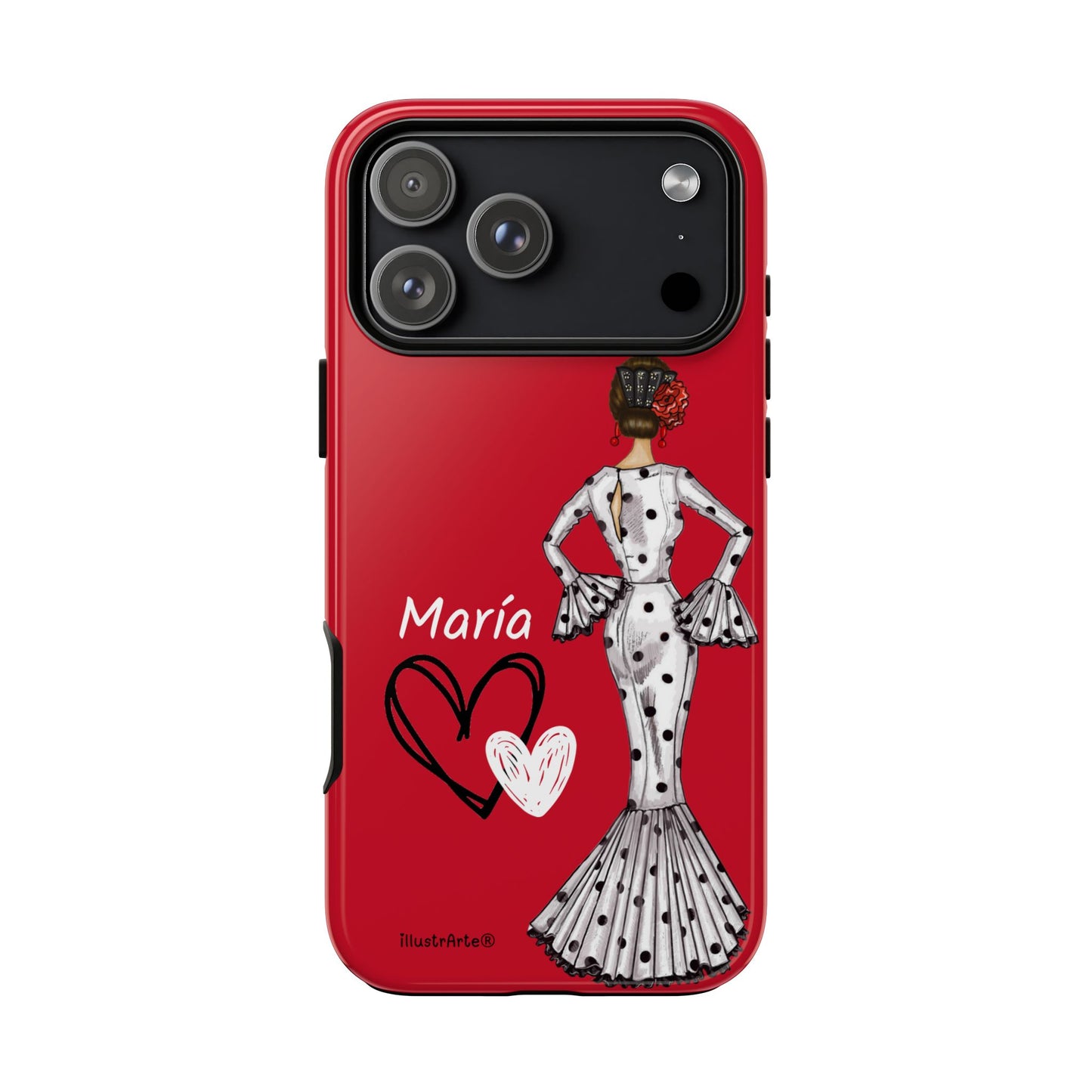 Personalized Maria phone case, white with red hearts background – for iPhone, Samsung, Pixel