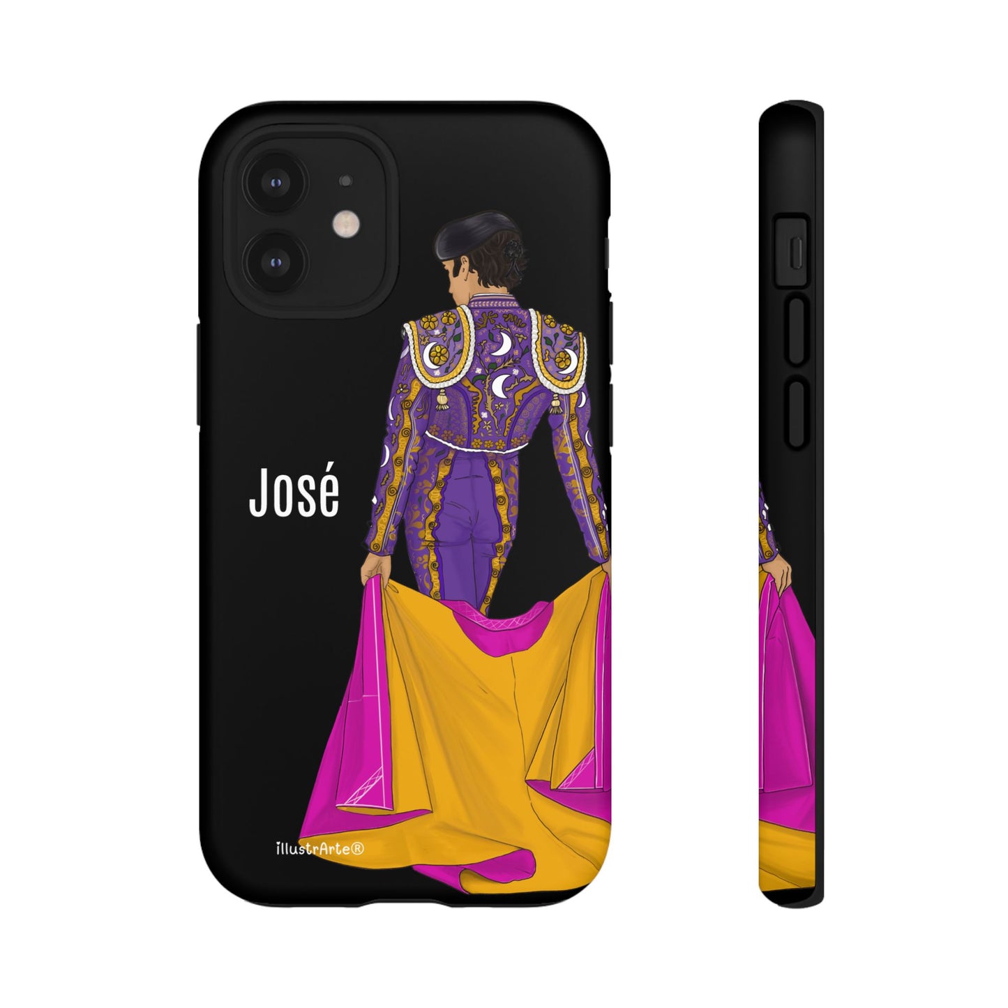 Personalized phone case featuring bullfighter José on a green background – for iPhone, Samsung, Pixel