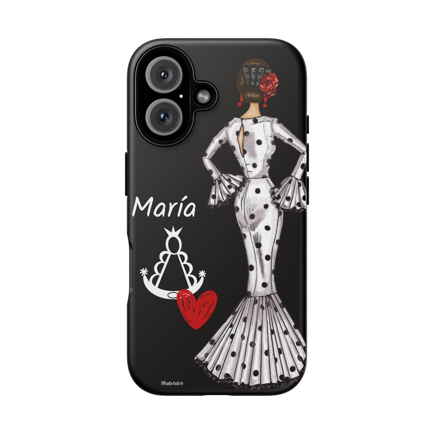 una funda de teléfono con una mujer en un vestido y un corazón