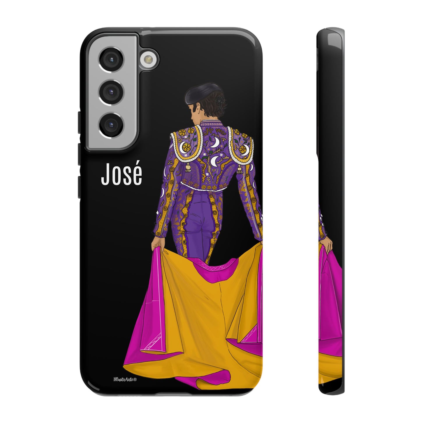 una funda de teléfono con un dibujo de un hombre en un traje morado y amarillo