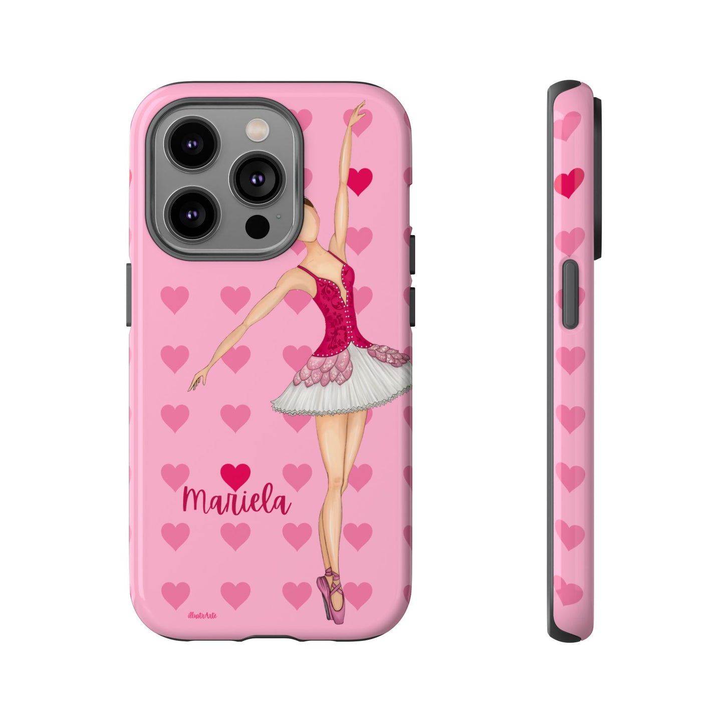 una funda de teléfono rosa con una imagen de una bailarina