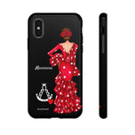 Personalised phone case flamenco dancer Macarena, with a little Virgin Mary for iPhone X, gloss finish – illustrArte
